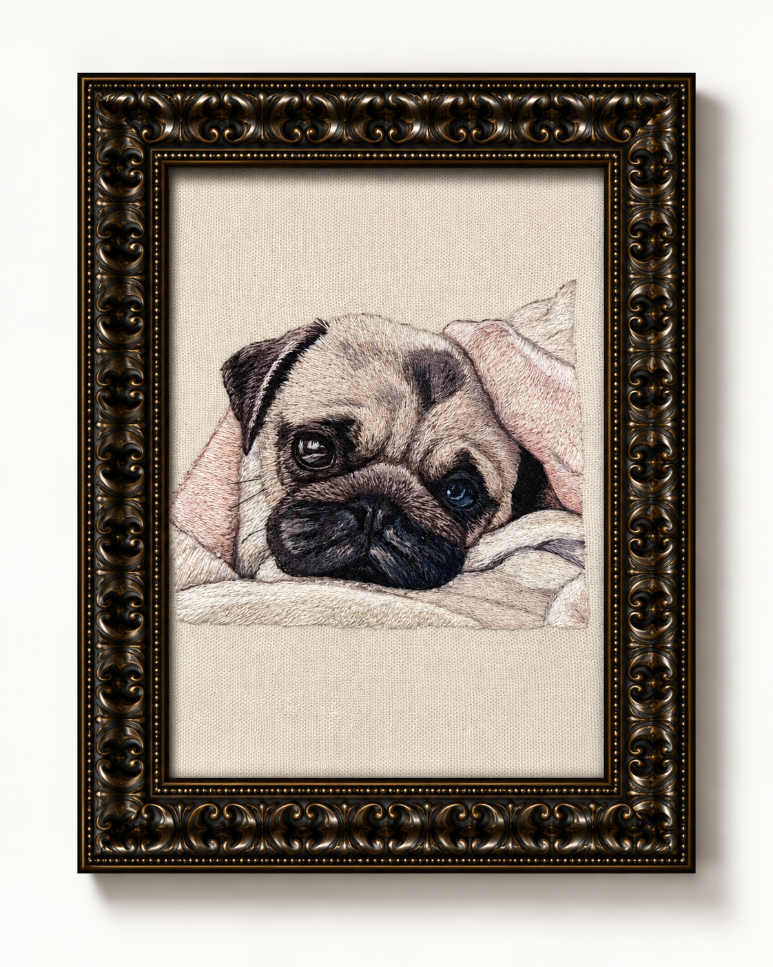 custom-pug-dog-portrait-embroidery-ornate-frame - MONSTERiSH