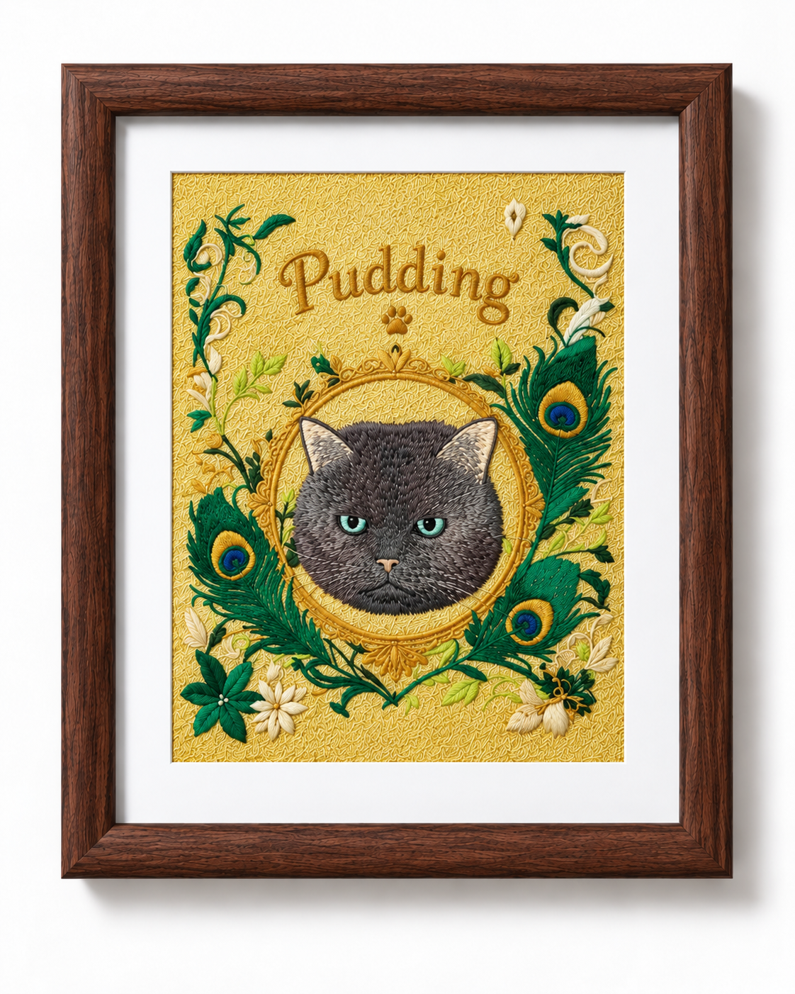 personalised-cat-portrait-embroidery-pudding-walnut-frame - MONSTERiSH