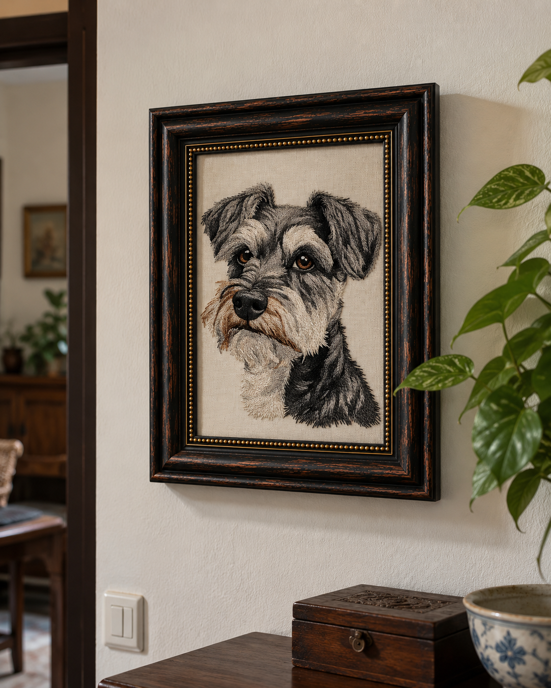 personalised-schnauzer-dog-portrait-embroidered-wall-art-lifestyle - MONSTERiSH